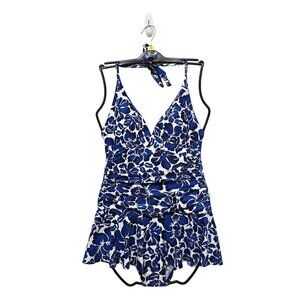 Chaps Blue Floral Skirted Halterneck Swimsuit Sz 6